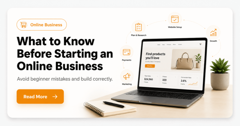 What to know before starting an online business with laptop, planning icons, and online store dashboard.