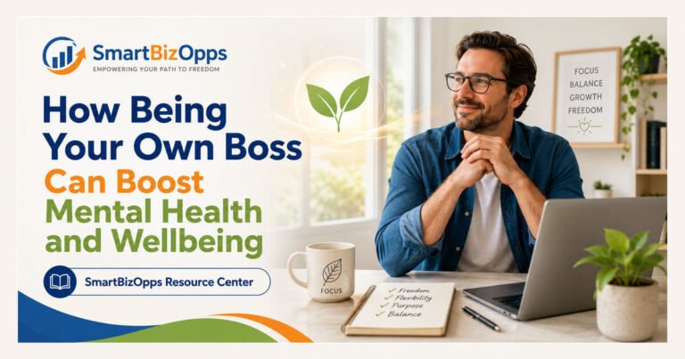 Entrepreneur working calmly from home showing how being your own boss can support mental health and wellbeing