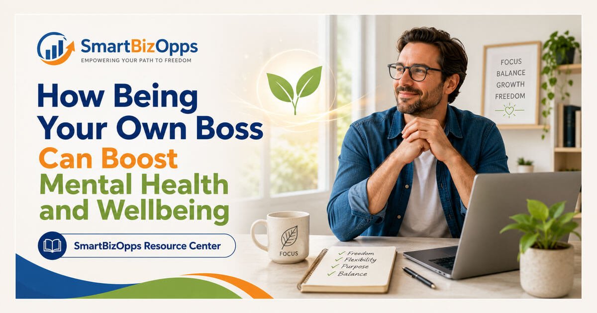 Entrepreneur working calmly from home showing how being your own boss can support mental health and wellbeing