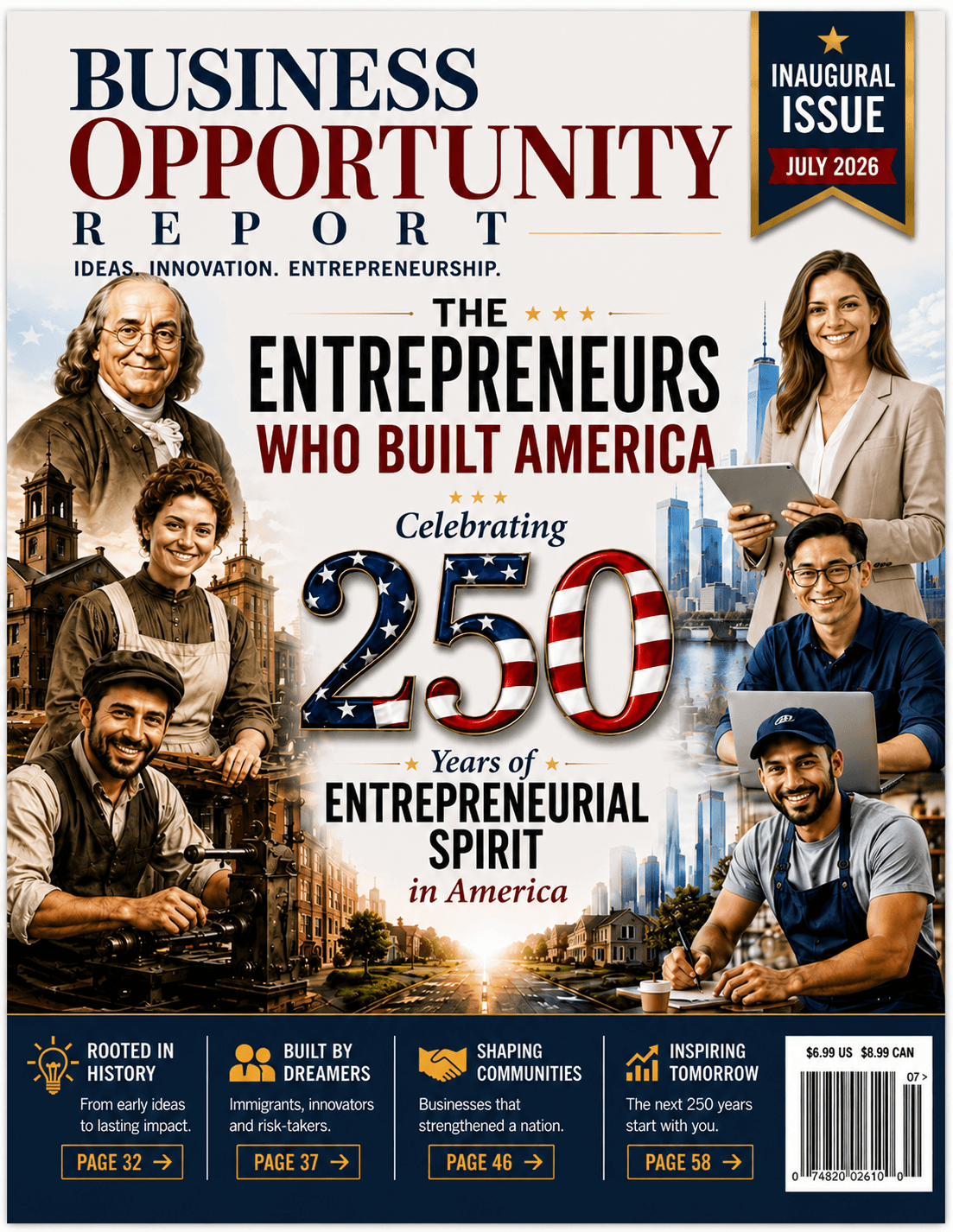 Business Opportunity Report Magazine July 2026 cover featuring The Entrepreneurs Who Built America