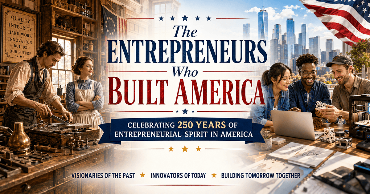 The Entrepreneurs Who Built America featured image celebrating 250 years of entrepreneurship, innovation and small business in the United States