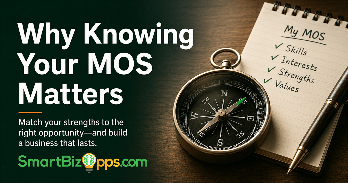 Veteran-focused graphic showing a compass and MOS skills checklist representing strengths, interests, values, and business opportunity selection.