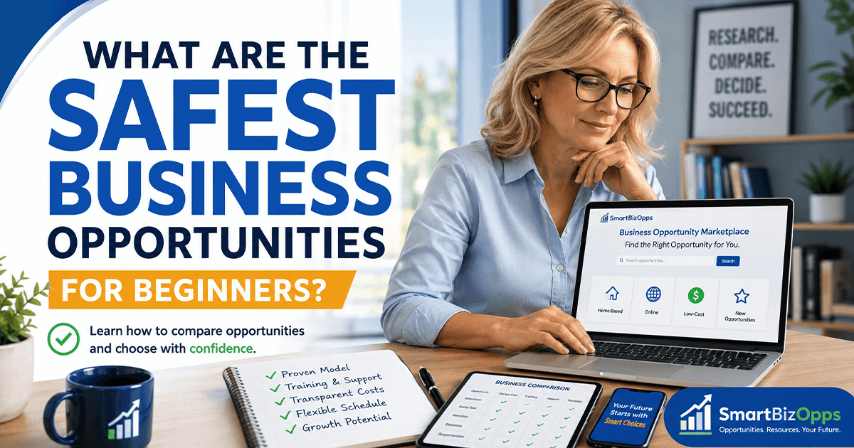 Entrepreneur comparing beginner-friendly business opportunities using a laptop, notebook, and business planning checklist.