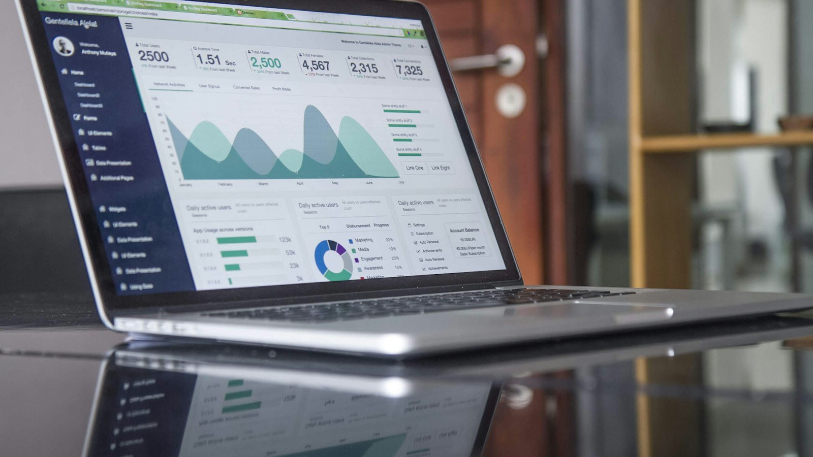 Business opportunity sales and marketing: laptop computer on glass-top table