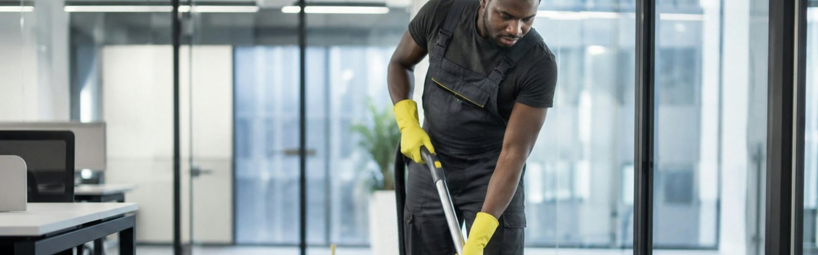 Residential vs commercial cleaning: Cleaner in yellow gloves vacuuming a carpeted office floor