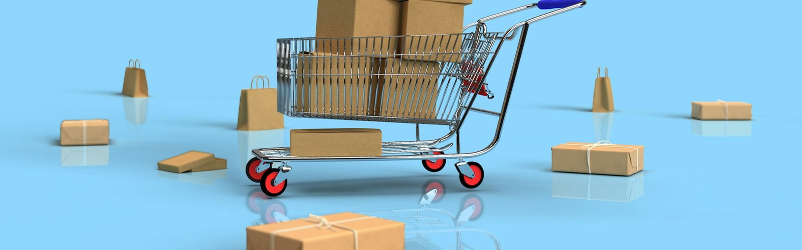 Shopping cart filled with delivery boxes on a blue background