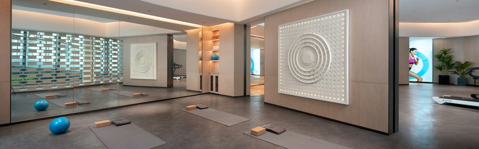 Fitness and wellness business opportunities: Modern yoga studio with mats and exercise balls